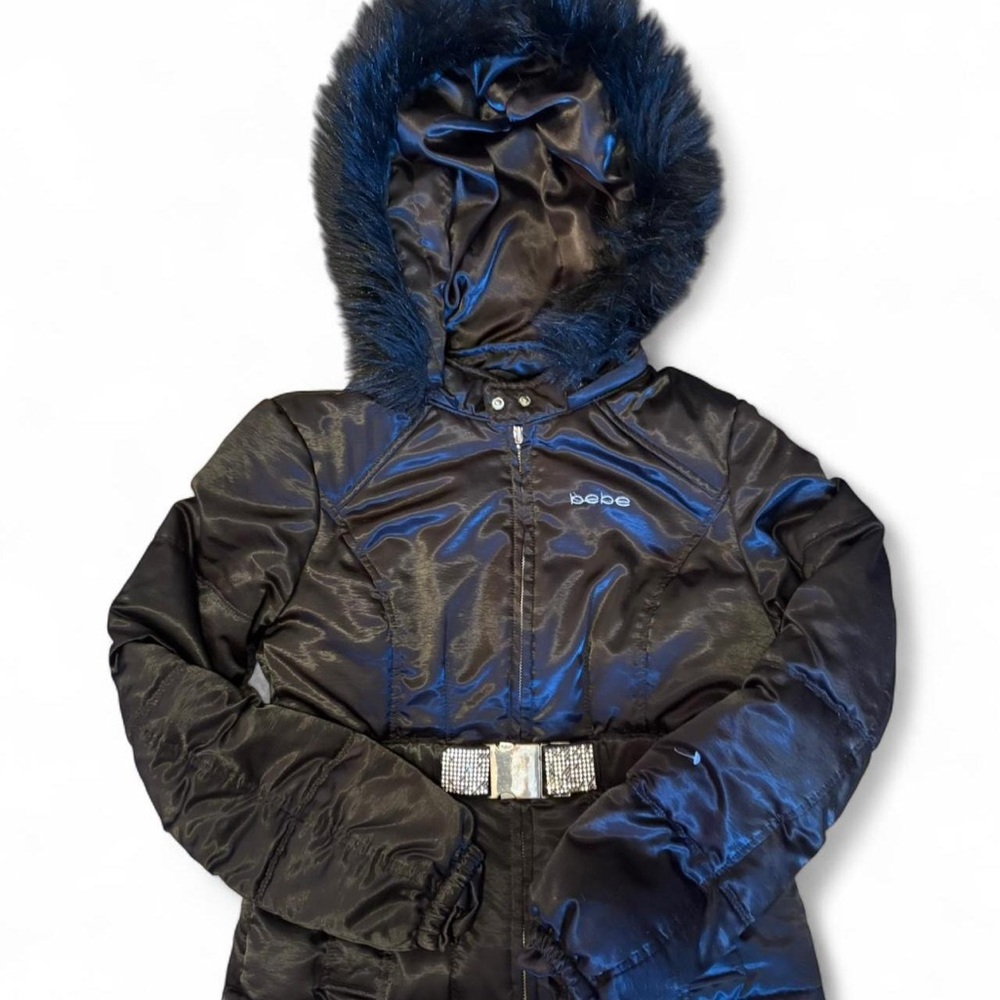 Bebe Shiny Black Coat with Fur Trim